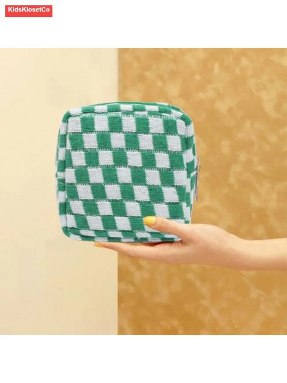 Mini Quilted Canvas Makeup Bag with Zipper, Cute Checkered Cosmetic Pouch for